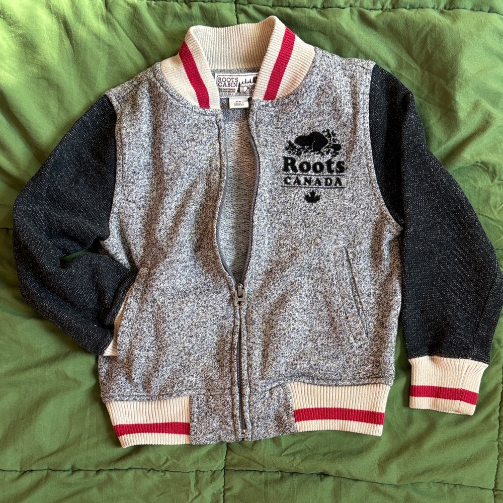 Roots Grey Bomber Varsity Jacket with Cream and Red Trim